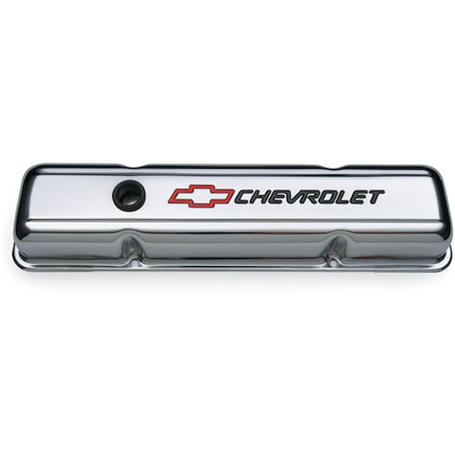 Chrome Short Valve Covers with Red Bowtie & Black Chevrolet Emblem for 1958-1986 Small Block Chevy
