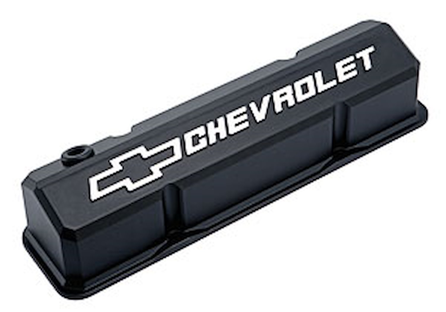 Die-Cast Slant-Edge Valve Covers for 1958-1986 Small Block Chevy with Chevrolet/Bowtie Raised Emblem in Black Crinkle Finish