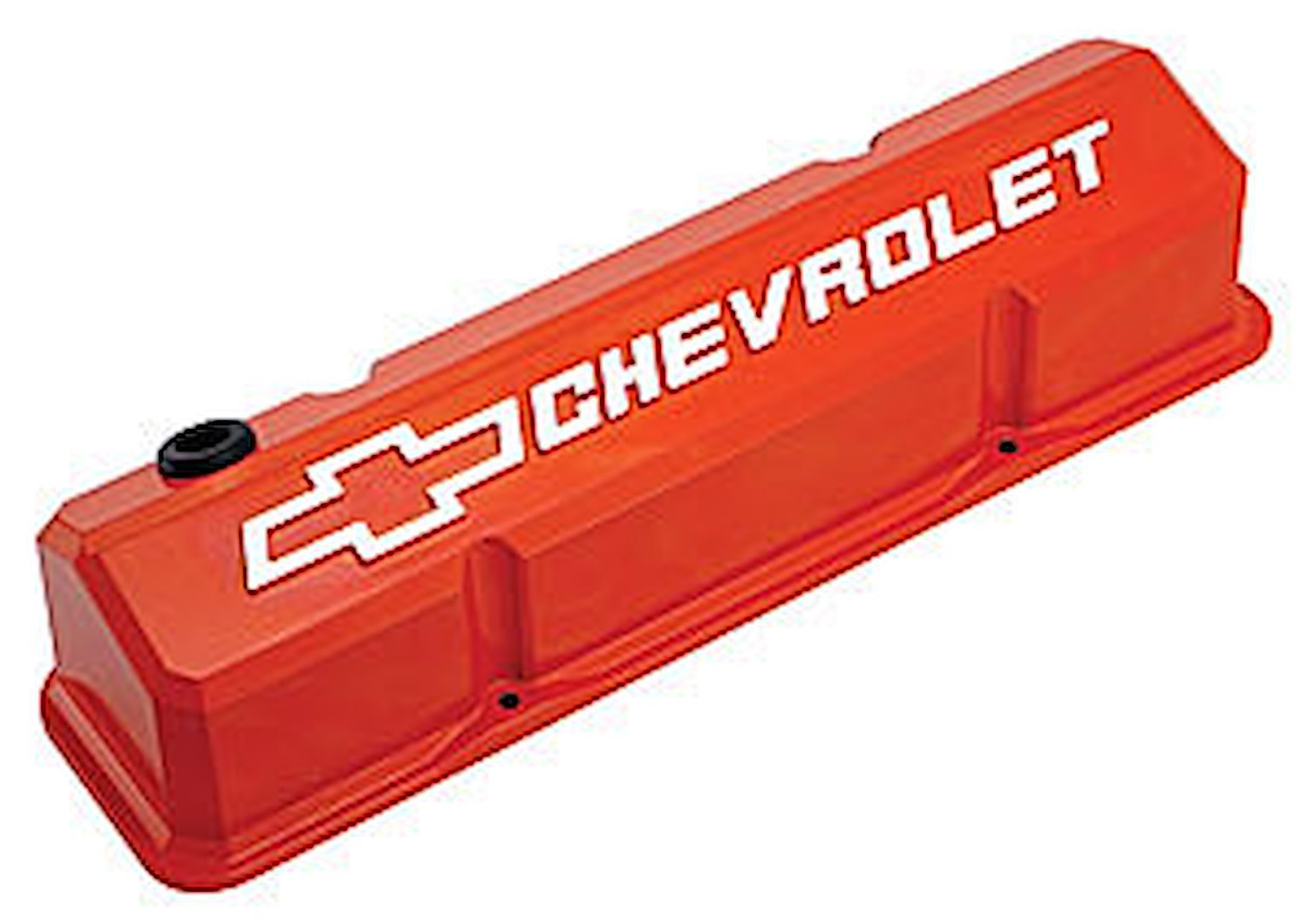 Die-Cast Slant-Edge Valve Covers for 1958-1986 Small Block Chevy with Chevrolet/Bowtie Raised Emblem in Chevy Orange Finish