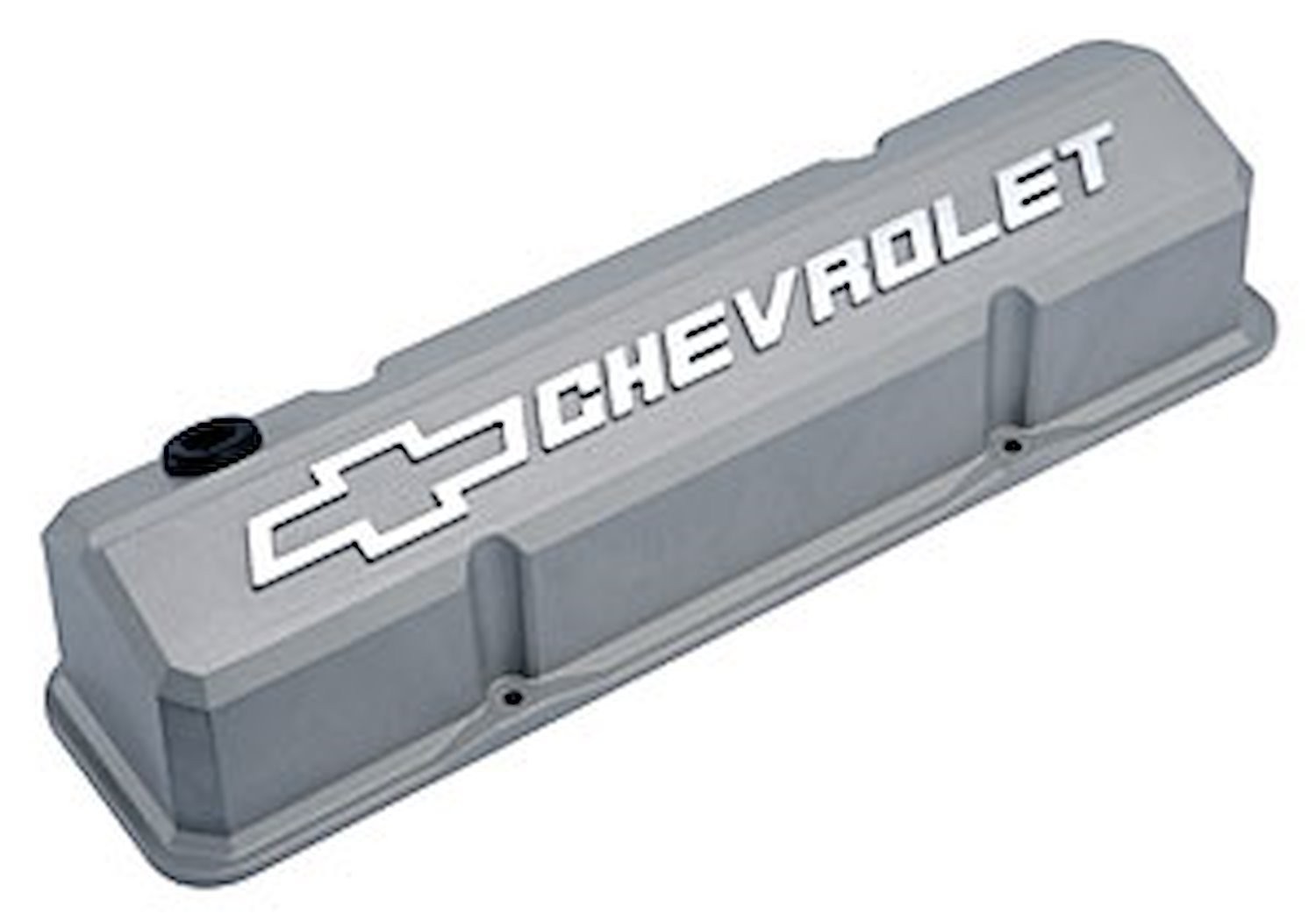 Die-Cast Slant-Edge Valve Covers for 1958-1986 Small Block Chevy with Chevrolet/Bowtie Raised Emblem in Cast Gray Crinkle Finish