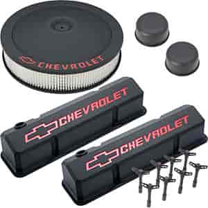 1958-1986 Small Block Chevy Engine Dress-Up Kit with Recessed Emblems in Black Crinkle Finish