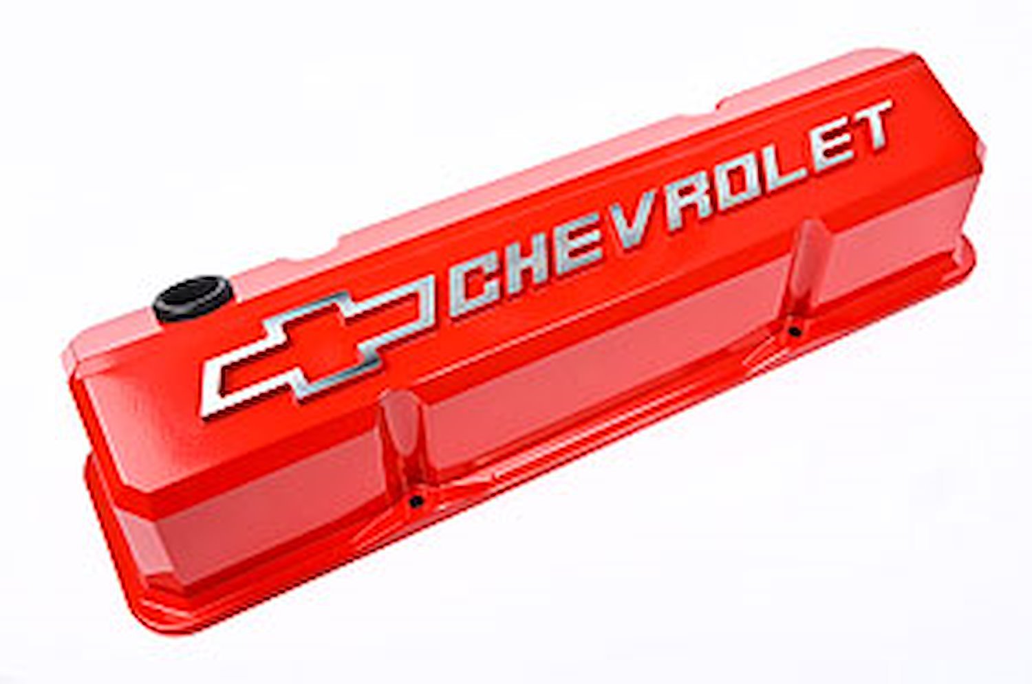Die-Cast Slant-Edge Valve Covers for 1958-1986 Small Block Chevy with Chevrolet/Bowtie Raised Emblem in Red Finish