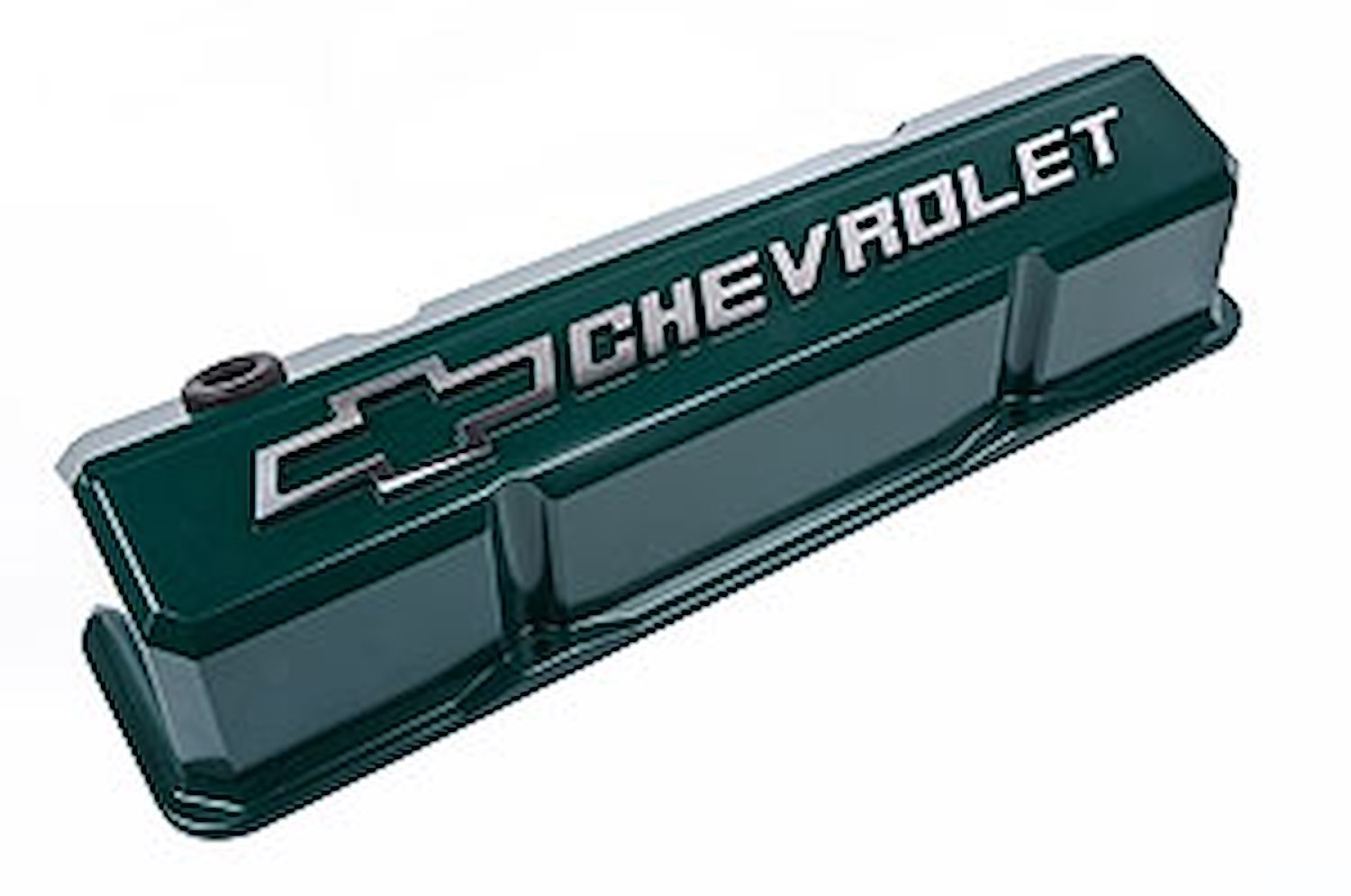 Die-Cast Slant-Edge Valve Covers for 1958-1986 Small Block Chevy with Chevrolet/Bowtie Raised Emblem in Green Finish