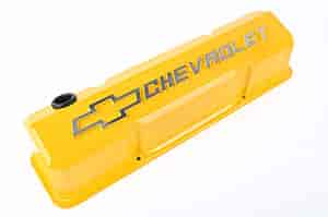 Die-Cast Slant-Edge Valve Covers for 1958-1986 Small Block Chevy with Chevrolet/Bowtie Raised Emblem in Yellow Finish