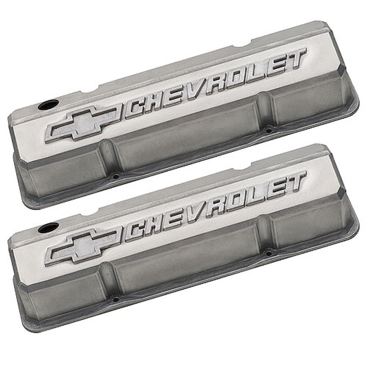 Die-Cast Slant-Edge Valve Covers for 1958-1986 Small Block Chevy with Chevrolet/Bowtie Raised Emblem in Natural As-Cast Finish
