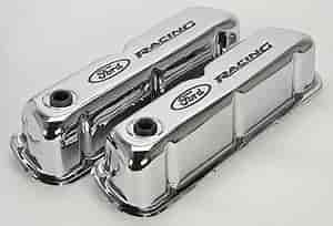Stamped Steel Tall Valve Covers for Small Block Ford 289-302-351W in Chrome Finish with Black Ford Racing Emblem