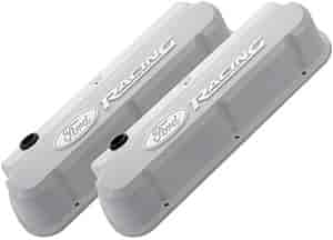 Slant-Edge Tall Aluminum Valve Covers for Small Block Ford 289-302-351W in White Finish with Raised Ford Racing Emblem