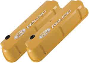Slant-Edge Tall Aluminum Valve Covers for Small Block Ford 289-302-351W in Yellow Finish with Raised Ford Racing Emblem