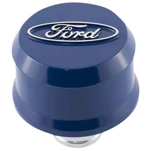 Push-In Aluminum Valve Cover Air Breather Cap with Raised & Machined Oval Ford Emblem in Ford Blue Finish