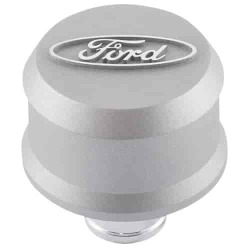 Push-In Aluminum Valve Cover Air Breather Cap with Raised & Machined Oval Ford Emblem in Cast Gray Crinkle Finish