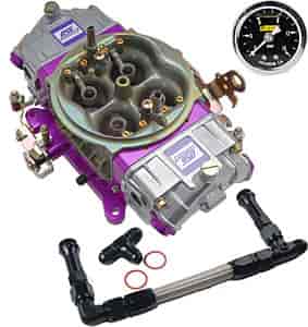Race Series 950 CFM Drag Race Gasoline Carburetor Kit w/Black -8AN Dual Feed Fuel Line and Gauge
