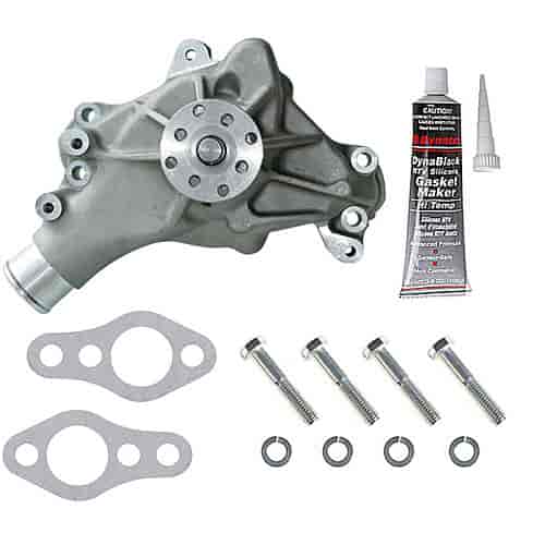 High-Flow Aluminum Long Water Pump Kit for Small Block Chevy Includes: Satin Water Pump, Gaskets, Bolts, & RTV
