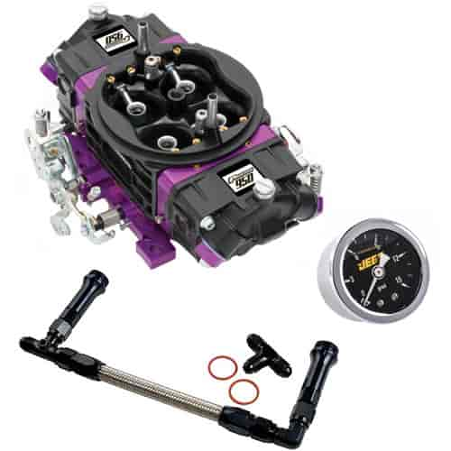 Race Series 950 CFM Drag Race Gasoline Carburetor Kit [Black Teflon Finish] w/-6AN Dual Feed Fuel Line and Gauge