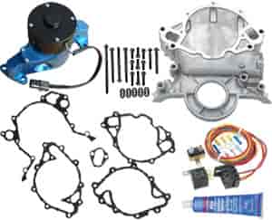 Electric Water Pump Kit for Small Block Ford Includes: Blue Water Pump,Timing Cover, Silicone, Bolts, Gaskets, & Harness/Relay