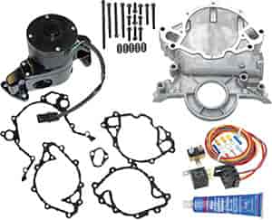 Electric Water Pump Kit for Small Block Ford Includes: Black Water Pump,Timing Cover, Silicone, Bolts, Gaskets, & Harness/Relay