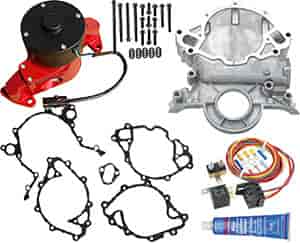 Electric Water Pump Kit for Small Block Ford Includes: Red Water Pump,Timing Cover, Silicone, Bolts, Gaskets, & Harness/Relay