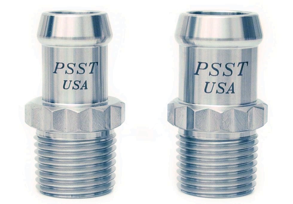 Heater Hose Fitting Set Includes: (1) 1/2 in. NPT x 5/8 in. Hose, (1) 1/2 in. NPT x 3/4 in. Hose, 1 3/4 in. Length [Polished]