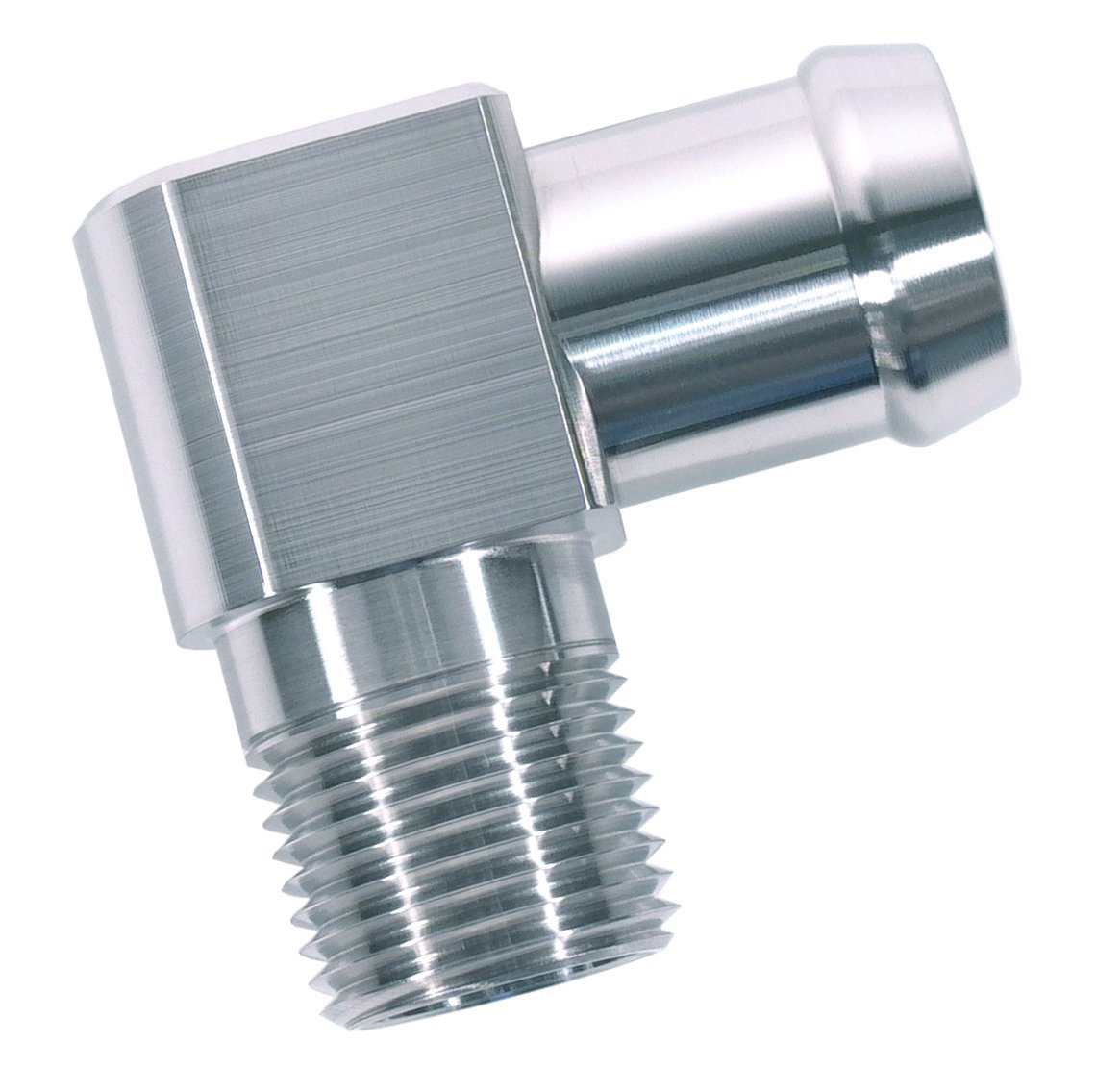 Heater Hose Fitting, 90-Degree, 1/2 in. NPT x 3/4 in. Hose Barb, 1 3/4 in. Length [Polished Finish]