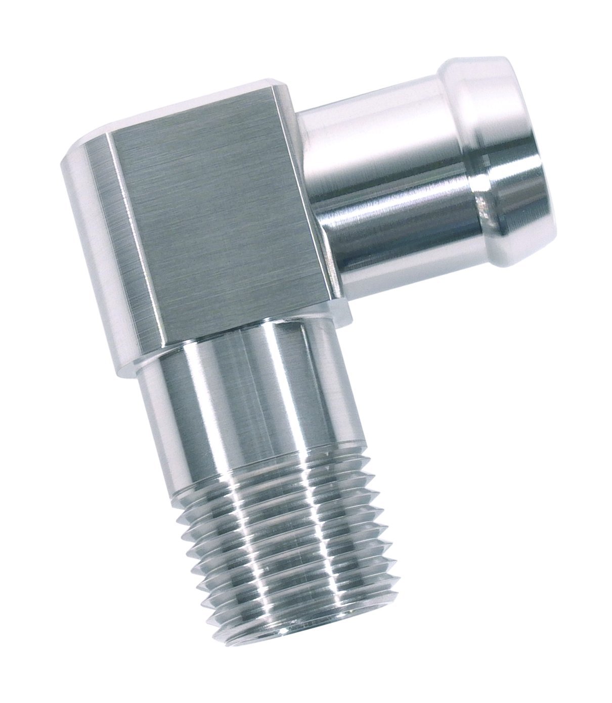Heater Hose Fitting, 90-Degree, 1/2 in. NPT x 3/4 in. Hose Barb, 2 1/8 in. Length [Polished Finish]