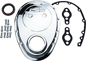 Small Block Chevy Timing Chain Cover with Embossed Bowtie  Emblem in Chrome Plated Die-Cast Aluminum