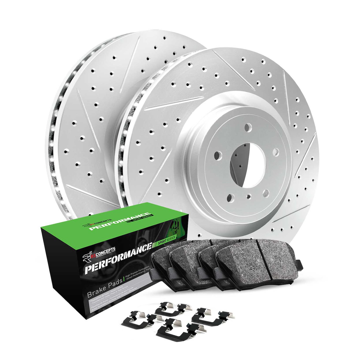 GEO-Carbon Drilled/Slotted Rotor Set w/Performance Sport Pads/Hardware, 2011-2015 Kia/Hyundai/Genesis, Position: Front
