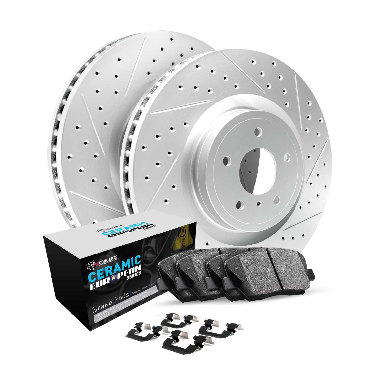 GEO-Carbon Drilled/Slotted Rotors w/Euro Ceramic Pads/Hardware, 2012-2013 Tesla, Position: Front