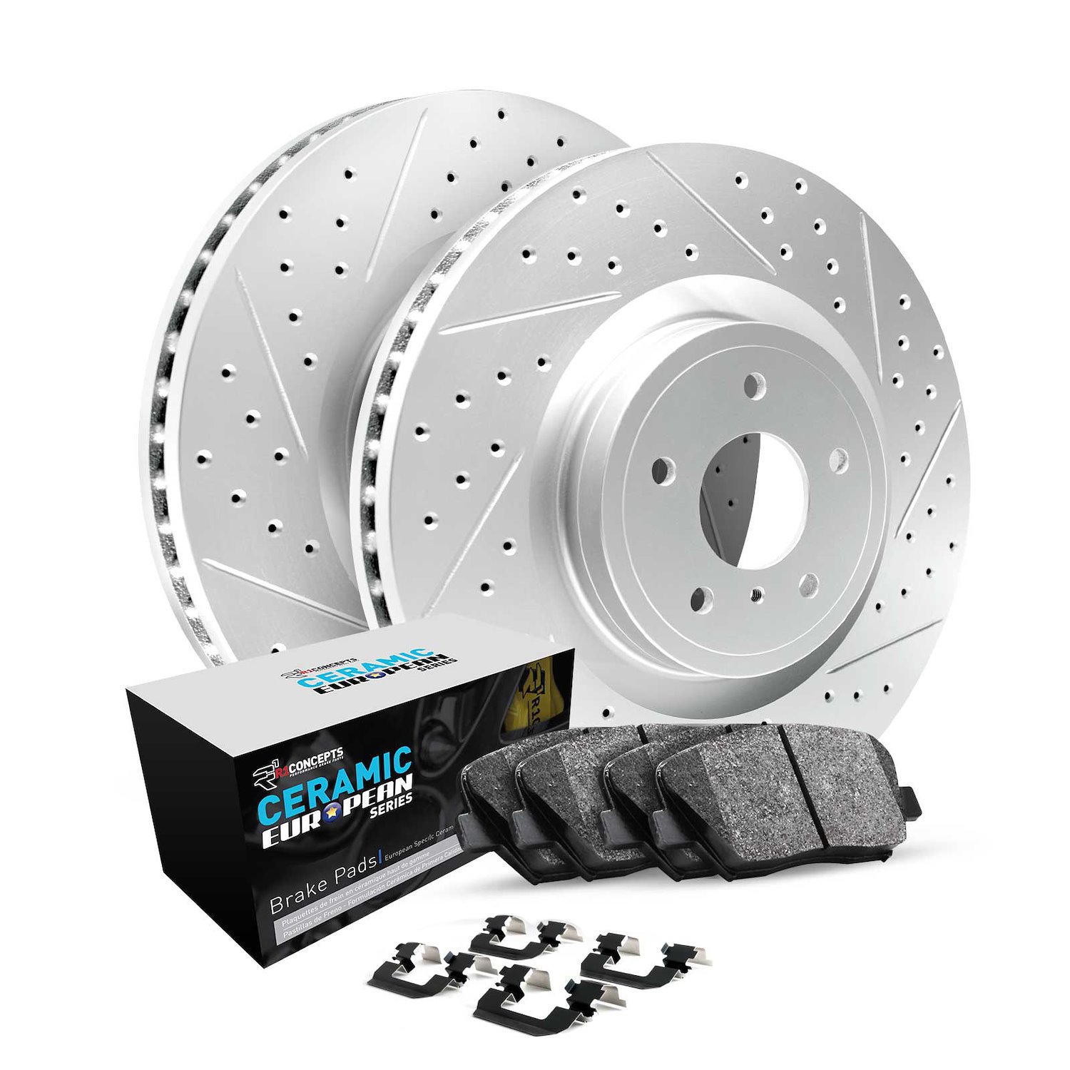 GEO-Carbon Drilled/Slotted Rotors w/Euro Ceramic Pads/Hardware, 2007-2015 Volvo, Position: Rear