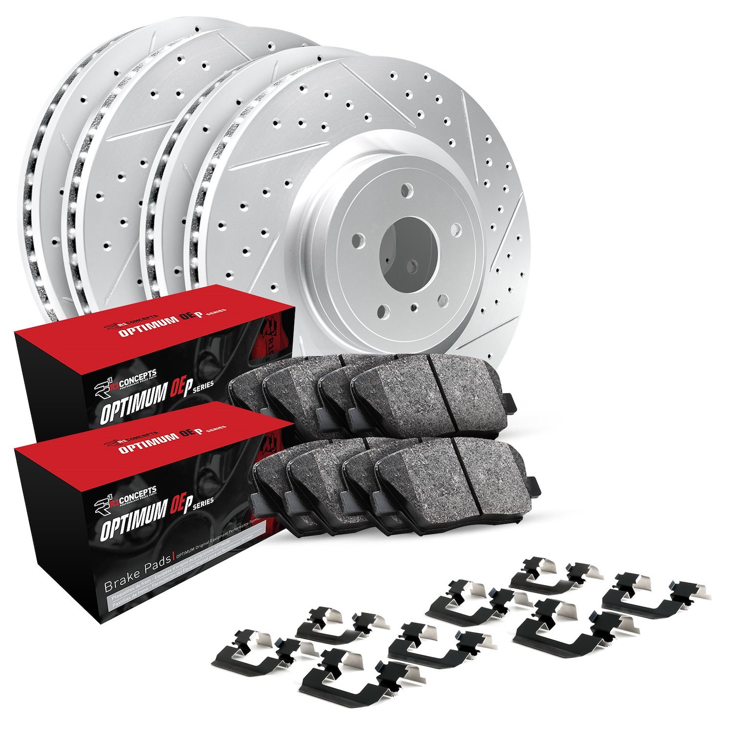 GEO-Carbon Drilled/Slotted Rotors w/Optimum OE Pads/Hardware, Fits Select Kia/Hyundai/Genesis, Position: Front/Rear