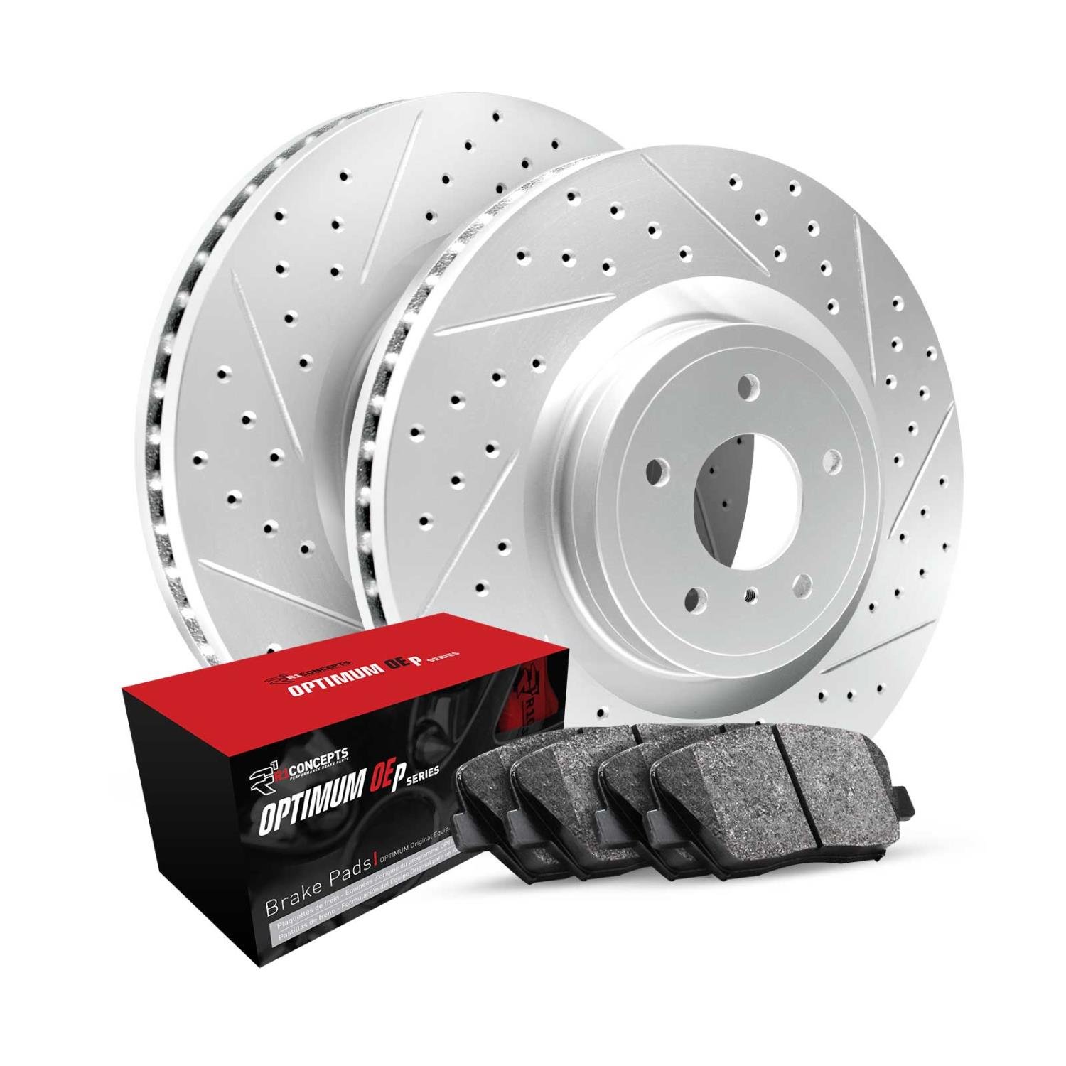 GEO-Carbon Drilled & Slotted Brake Rotor Set w/Optimum OE Pads, Fits Select Infiniti/Nissan, Position: Front