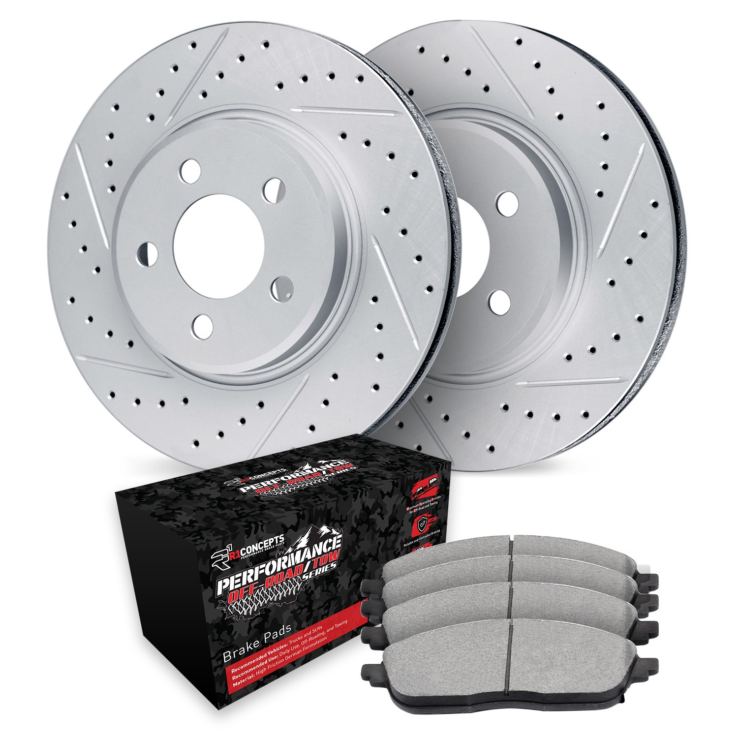 GEO-Carbon Drilled & Slotted Brake Rotor Set w/Performance Off-Road/Tow Pads, 2008-2016 Fits Multiple Makes/Models