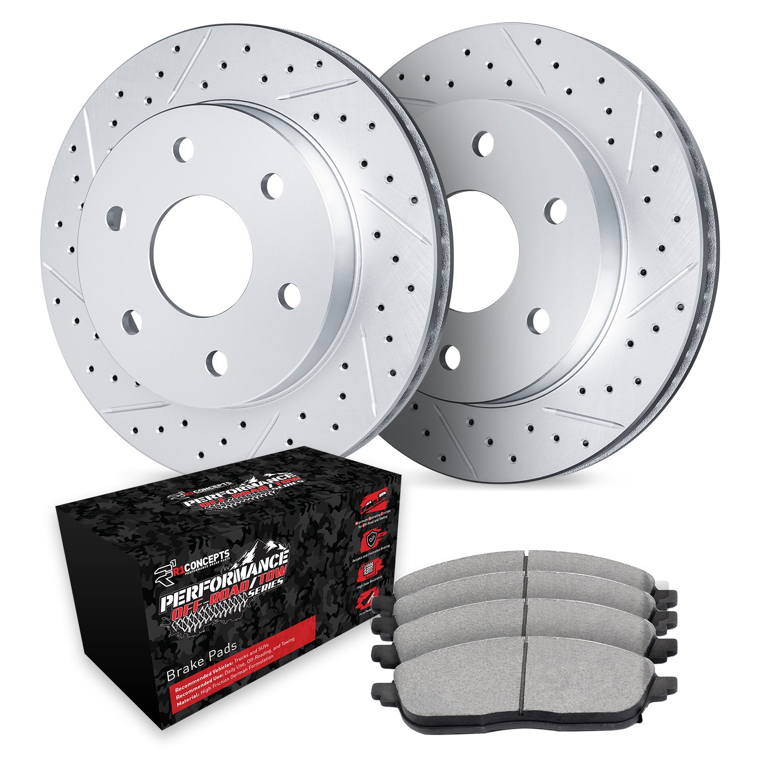 GEO-Carbon Drilled & Slotted Brake Rotor Set w/Performance Off-Road/Tow Pads, 2009-2020 GM, Position: Front