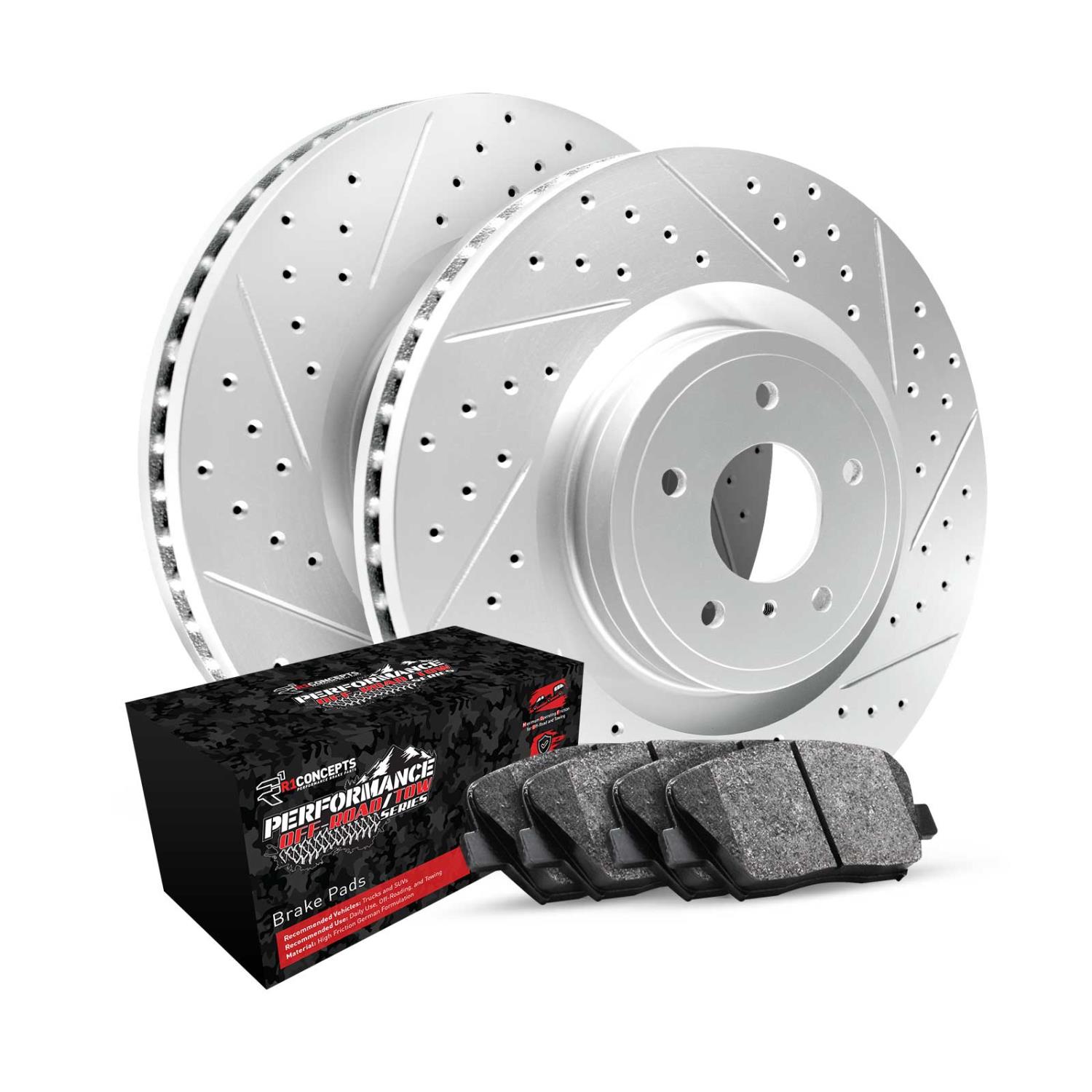 GEO-Carbon Drilled & Slotted Brake Rotor Set w/Performance Off-Road/Tow Pads, 1998-2002 Ford/Lincoln/Mercury/Mazda