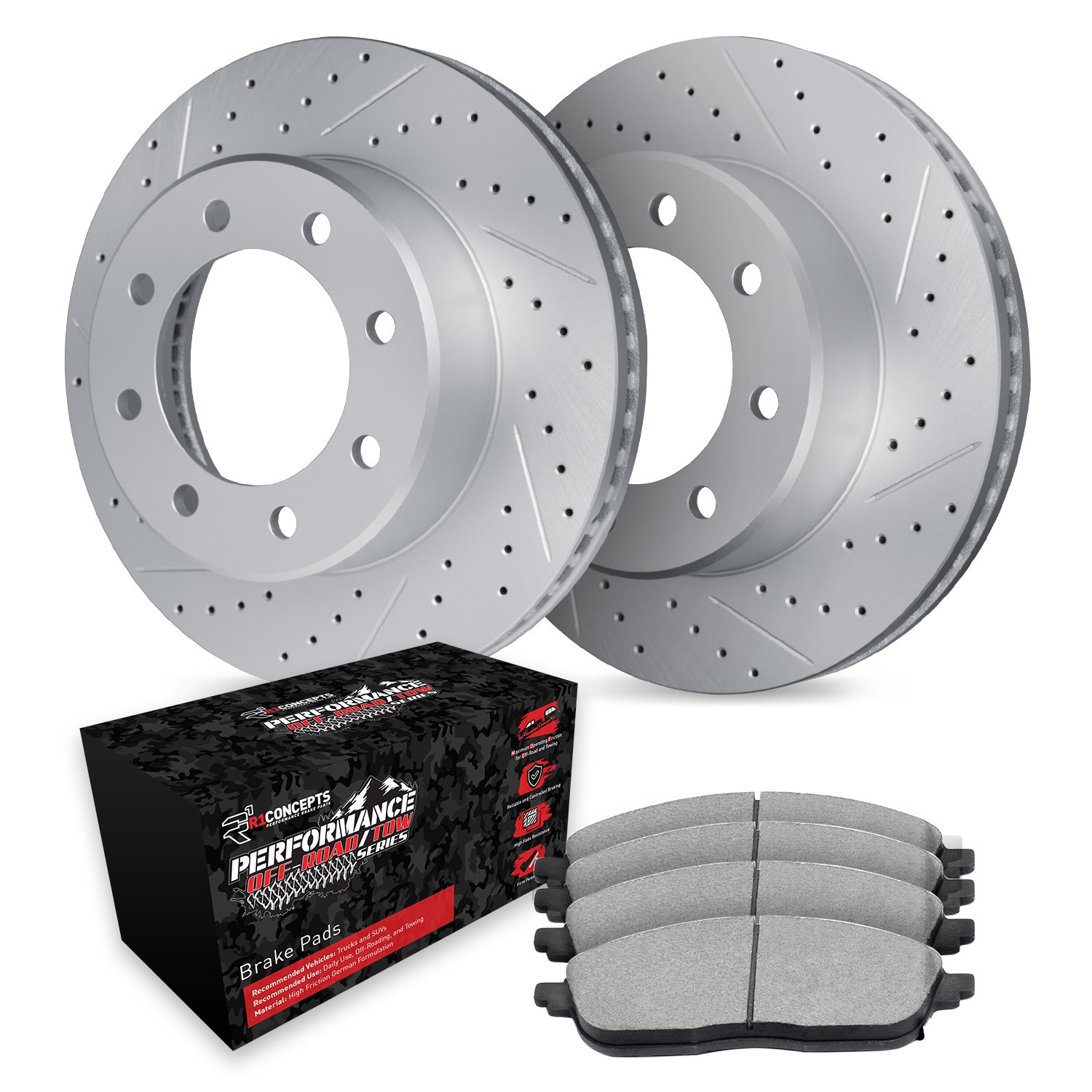 GEO-Carbon Drilled & Slotted Brake Rotor Set w/Performance Off-Road/Tow Pads, 2006-2012 Ford/Lincoln/Mercury/Mazda