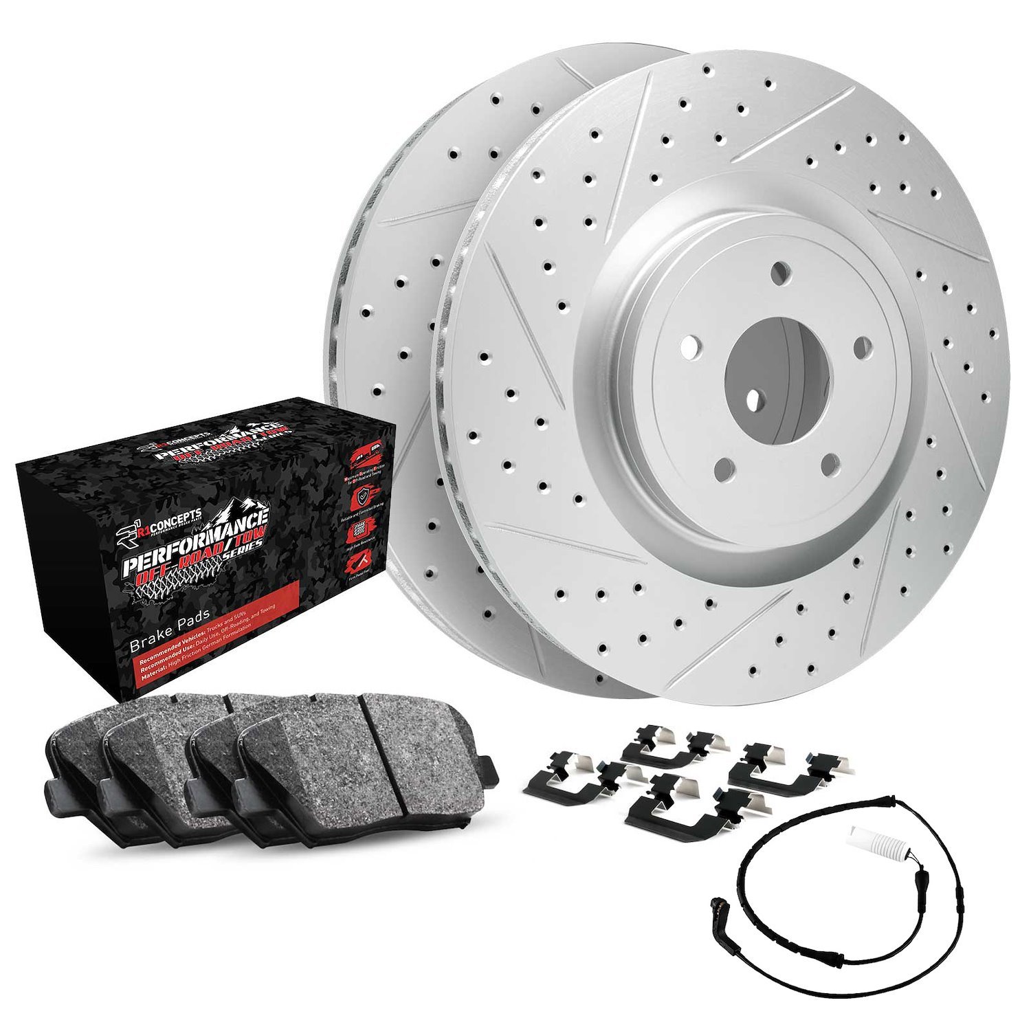 GEO-Carbon Drilled/Slotted Rotors w/Performance Off-Road/Tow Pads/Sensor/Hardware, Fits Select GM, Position: Rear