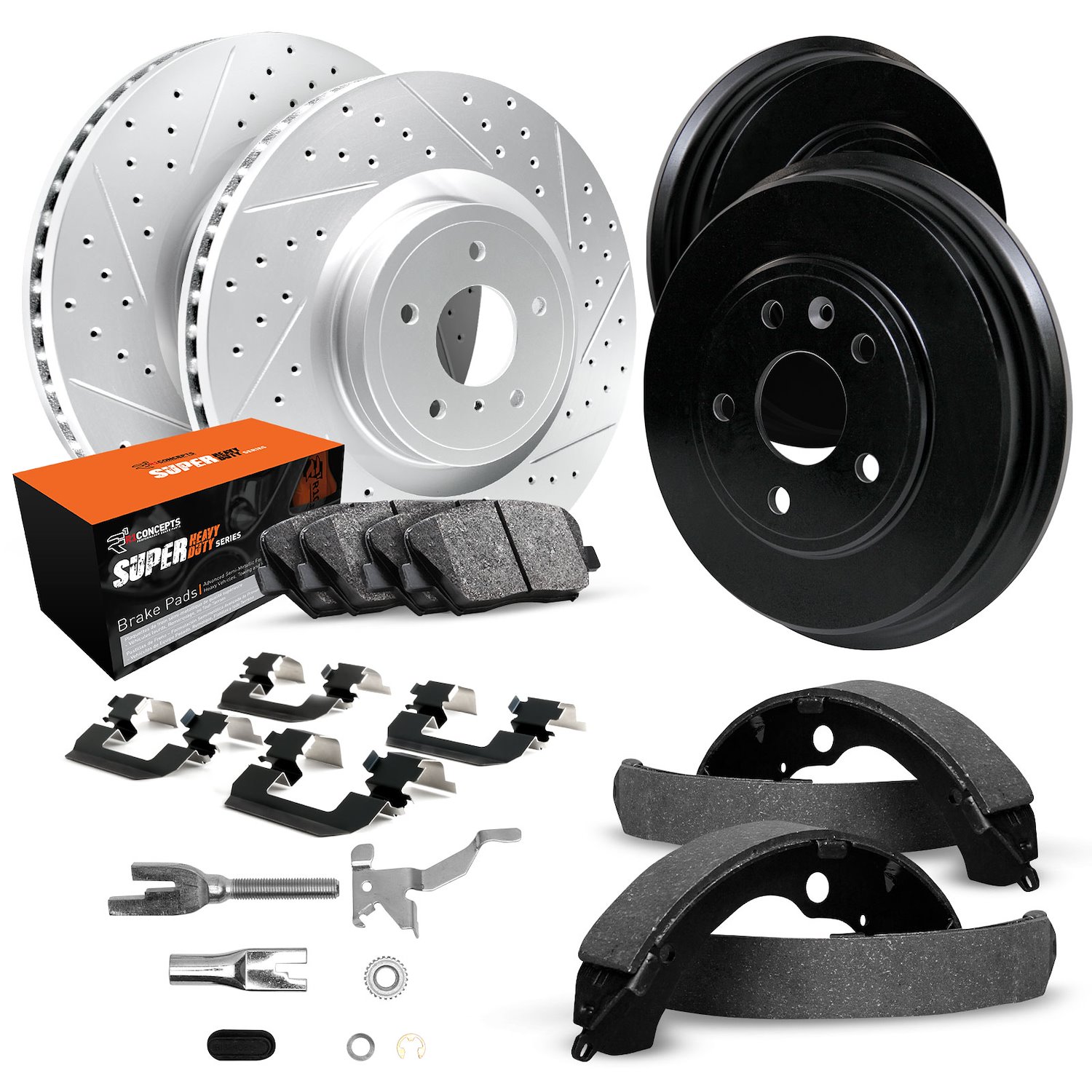 GEO-Carbon Drilled/Slotted Rotors/Drums w/Super-Duty Pads/Shoes/Hardware/Adjusters, 1997-1998 Mopar, Position: Front/Rear