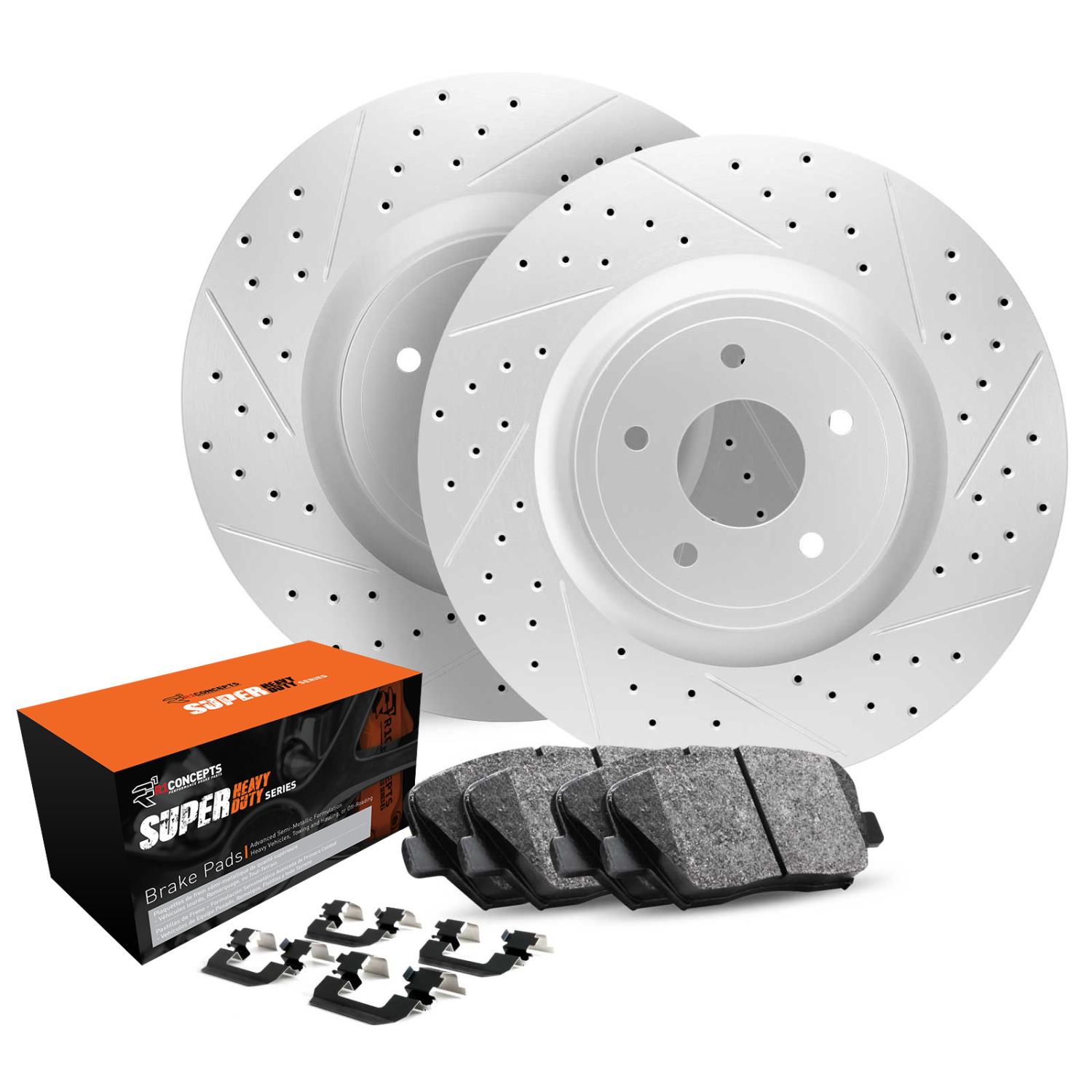 GEO-Carbon Drilled & Slotted Brake Rotor Set w/Super-Duty Pads & Hardware, 2007-2017 Fits Multiple Makes/Models, Position: Front