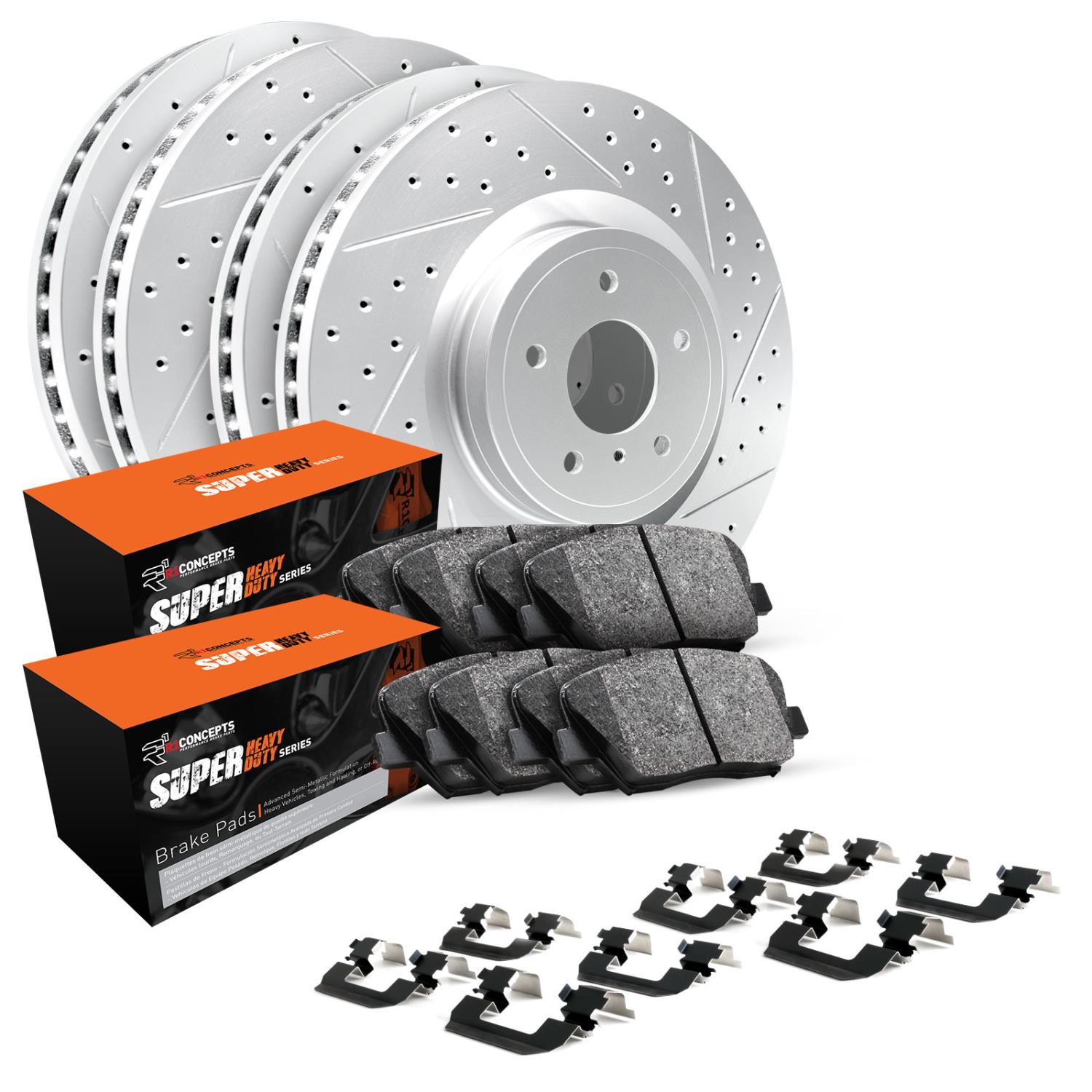 GEO-Carbon Drilled & Slotted Brake Rotor Set w/Super-Duty Pads & Hardware, 2002-2006 Fits Multiple Makes/Models, Position: Front