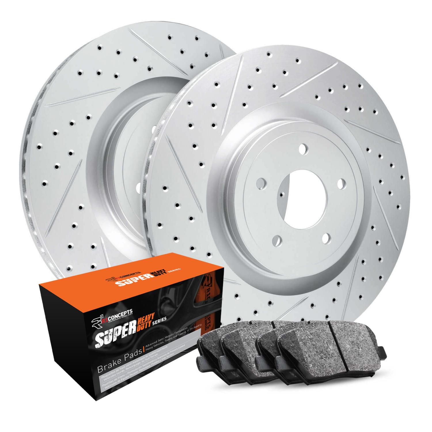GEO-Carbon Drilled & Slotted Brake Rotor Set w/Super-Duty Pads, 1971-1989 GM, Position: Front