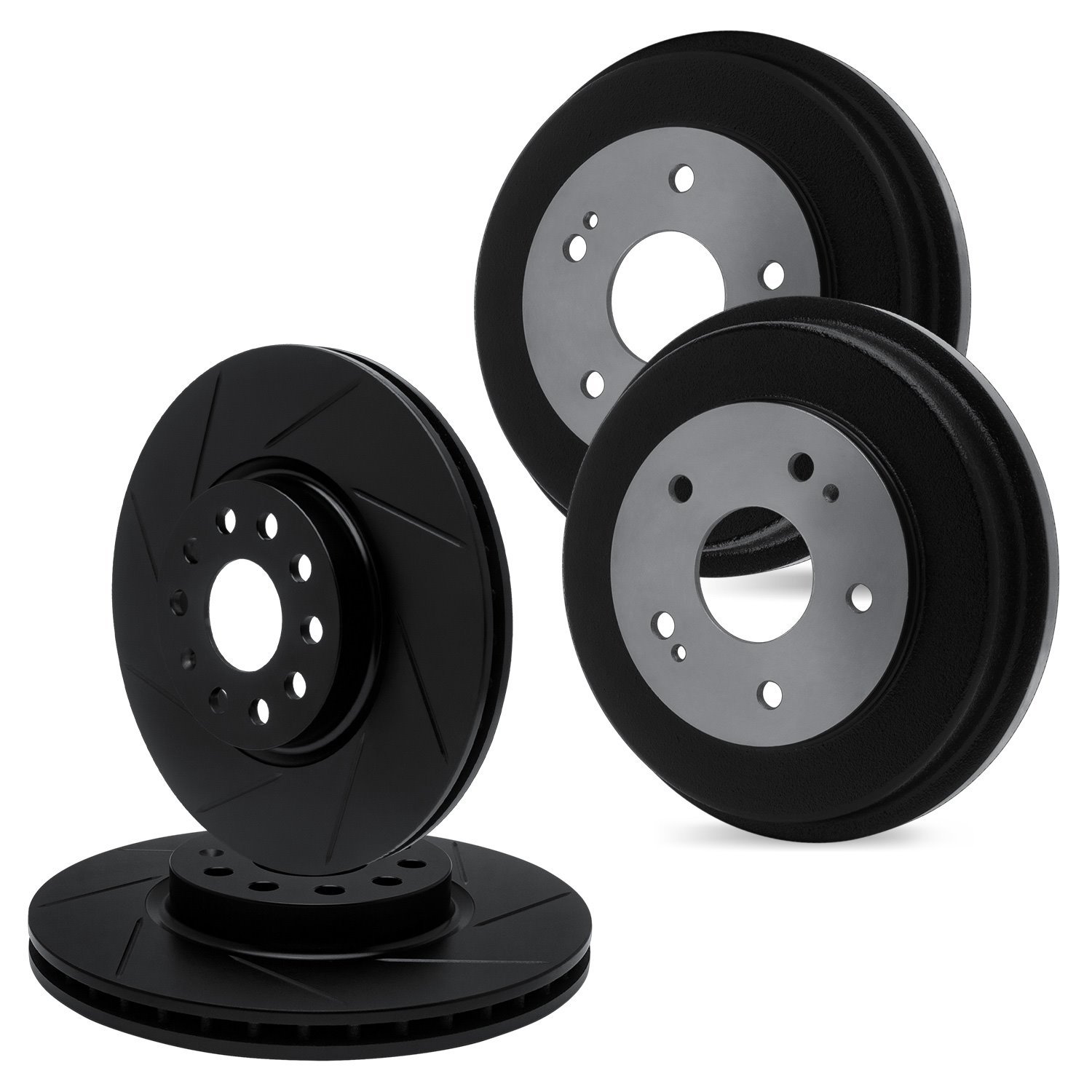 E-Line Slotted Black Brake Rotor & Drum Set, 2008-2015 Audi/Porsche/Volkswagen, Position: Front & Rear