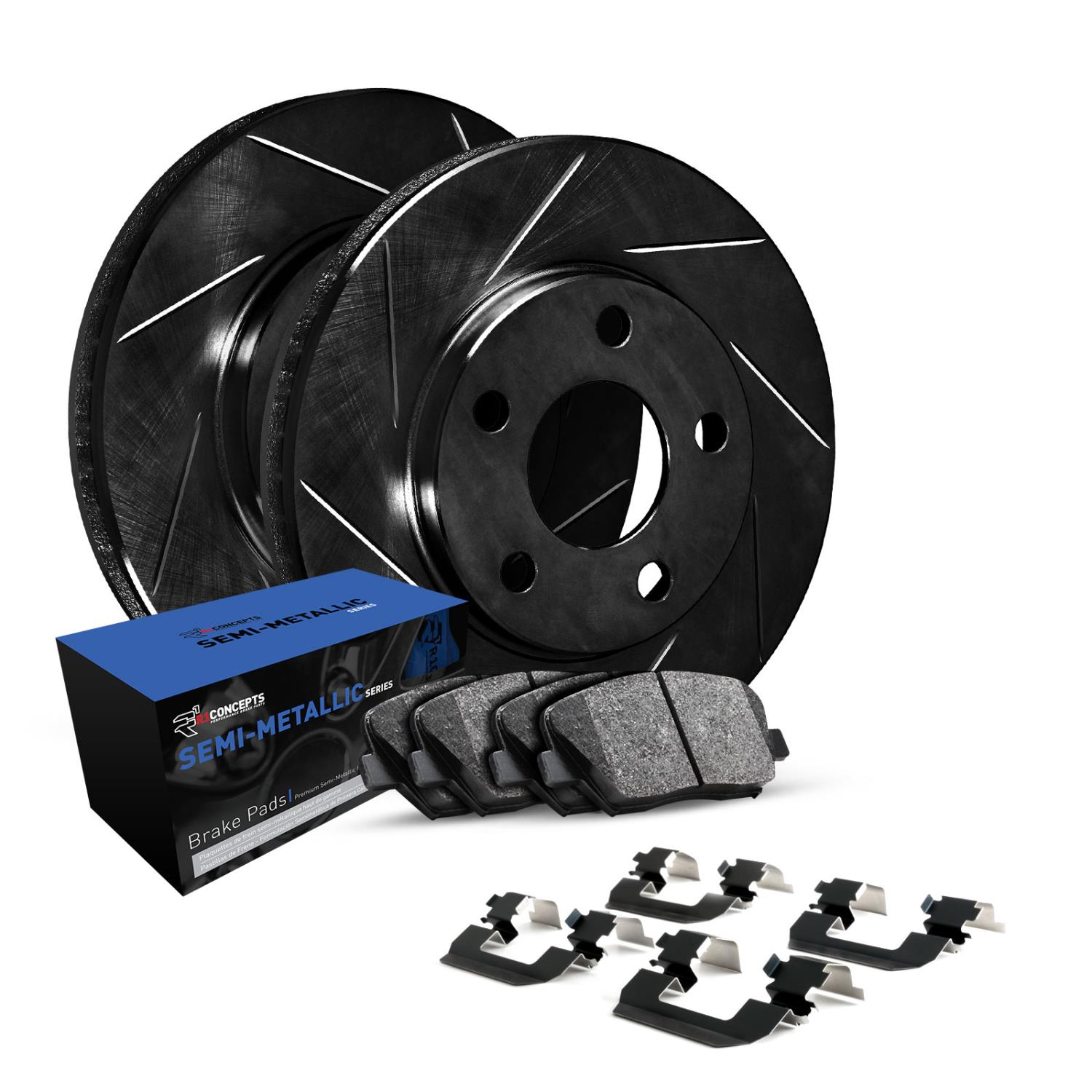 E-Line Slotted Black Brake Rotor Set w/Semi-Met Pads & Hardware, 1997-2004 Ford/Lincoln/Mercury/Mazda, Position: Front