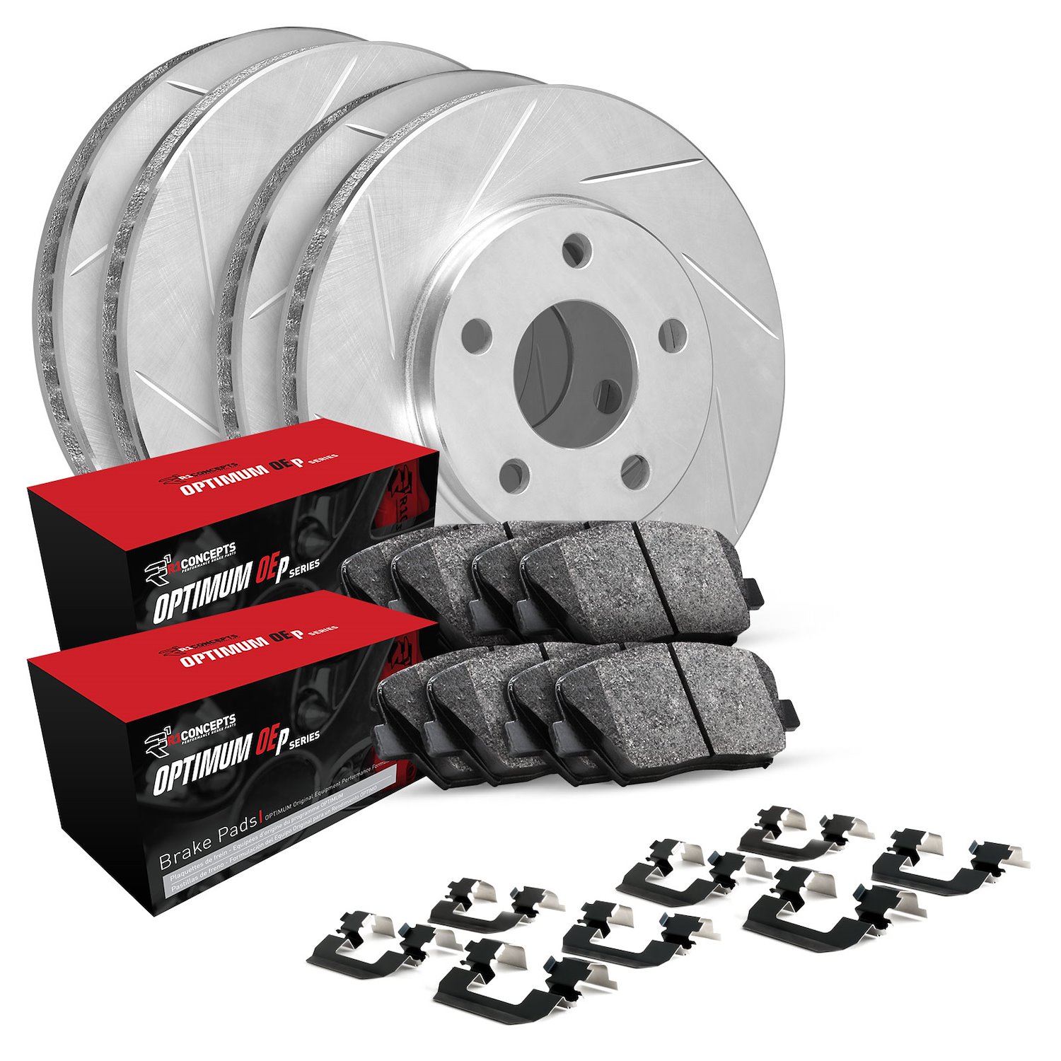 E-Line Slotted Silver Brake Rotor & Drum Set w/Optimum OE Pads, Shoes, & Hardware, 1994-1995 Suzuki, Position: Front & Rear