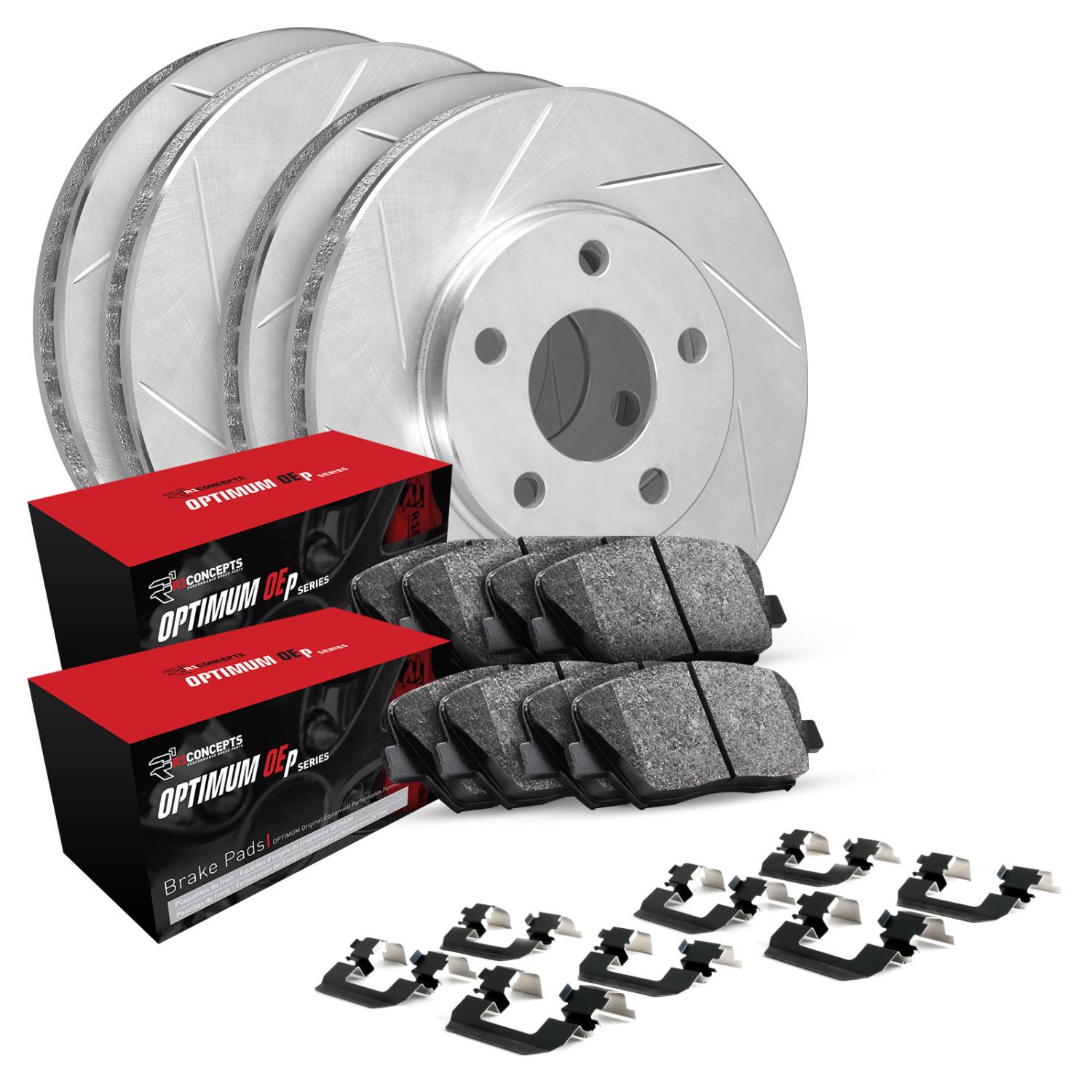 E-Line Slotted Silver Brake Rotor Set w/5000 Oep Pads & Hardware, 2003-2005 Land Rover, Position: Front & Rear