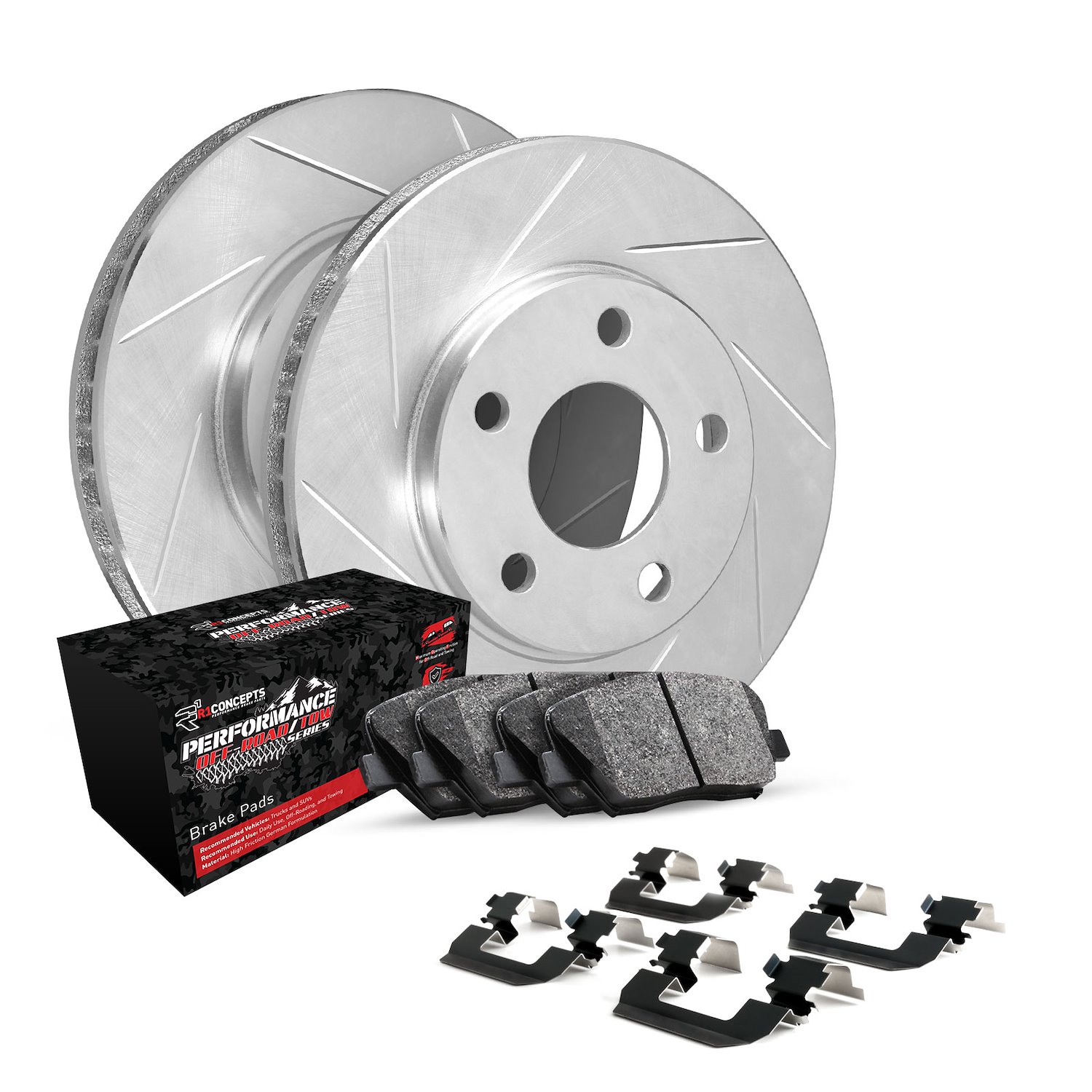 E-Line Slotted Silver Brake Rotor Set w/Performance Off-Road/Tow Pads & Hardware, 2000-2002 Mopar, Position: Front