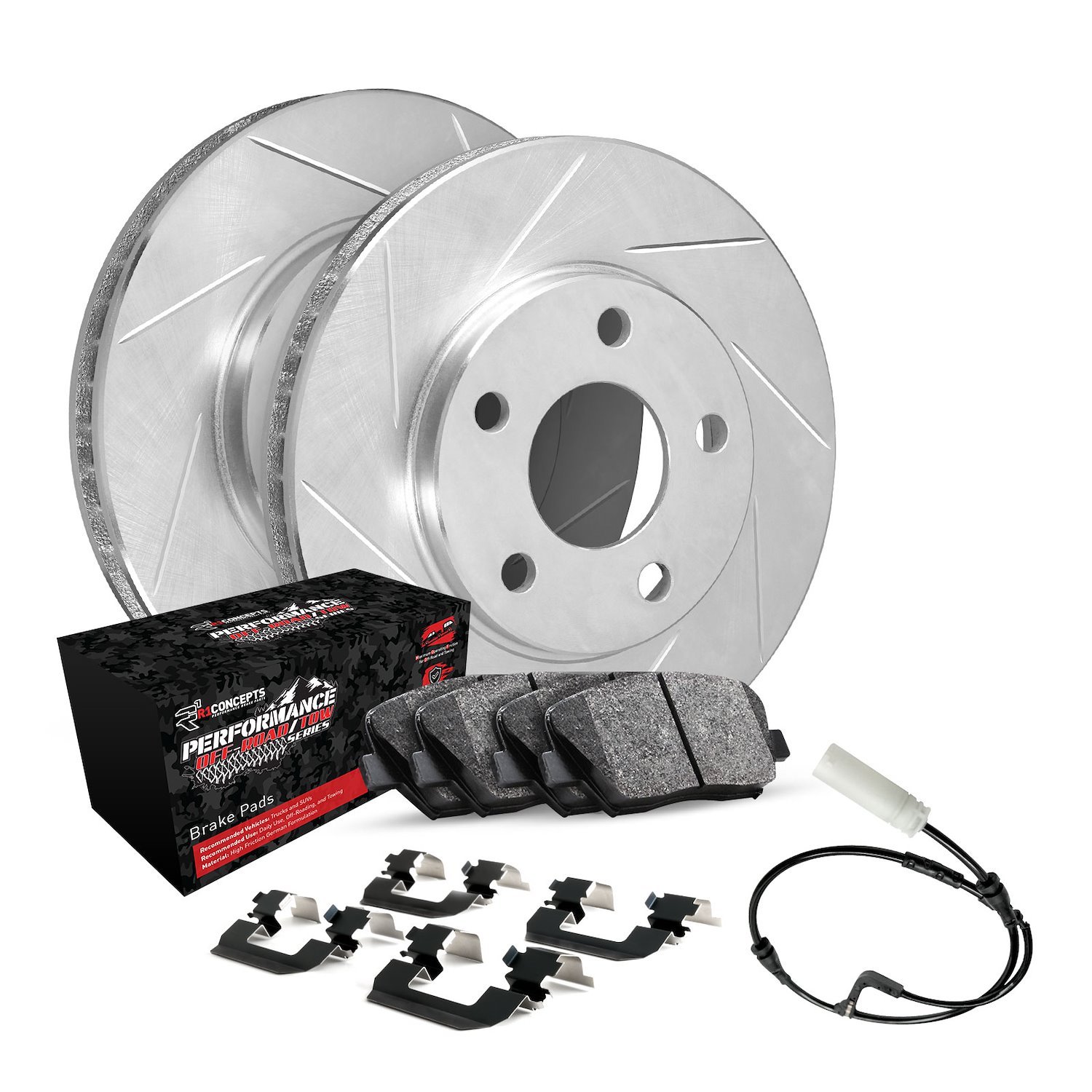 E-Line Slotted Silver Brake Rotor Set w/Performance Off-Road/Tow Pads, Sensor, & Hardware, Fits Select GM, Position: Front