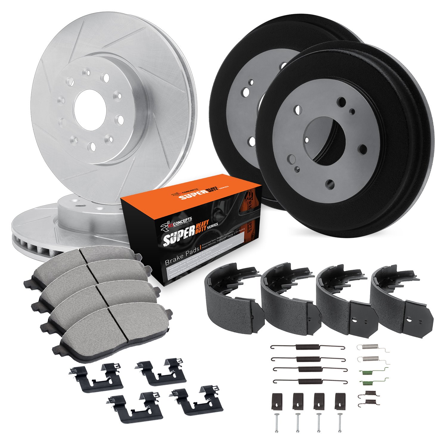 E-Line Slotted Silver Brake Rotor & Drum Set w/Super-Duty Pads, Shoes, & Hardware, 1990-1991 Ford/Lincoln/Mercury/Mazda