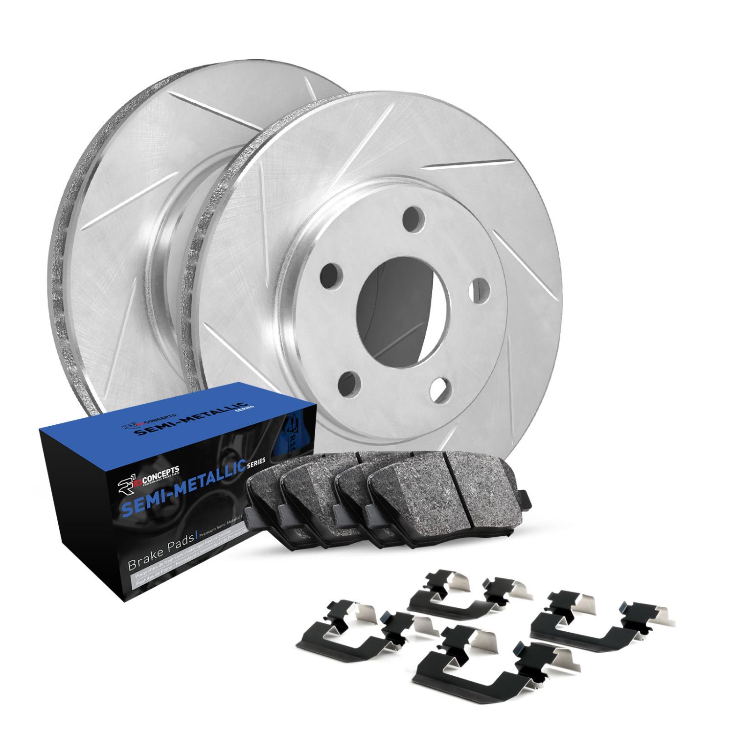 E-Line Slotted Silver Brake Rotor Set w/Semi-Met Pads & Hardware, 1994-1996 Ford/Lincoln/Mercury/Mazda, Position: Front