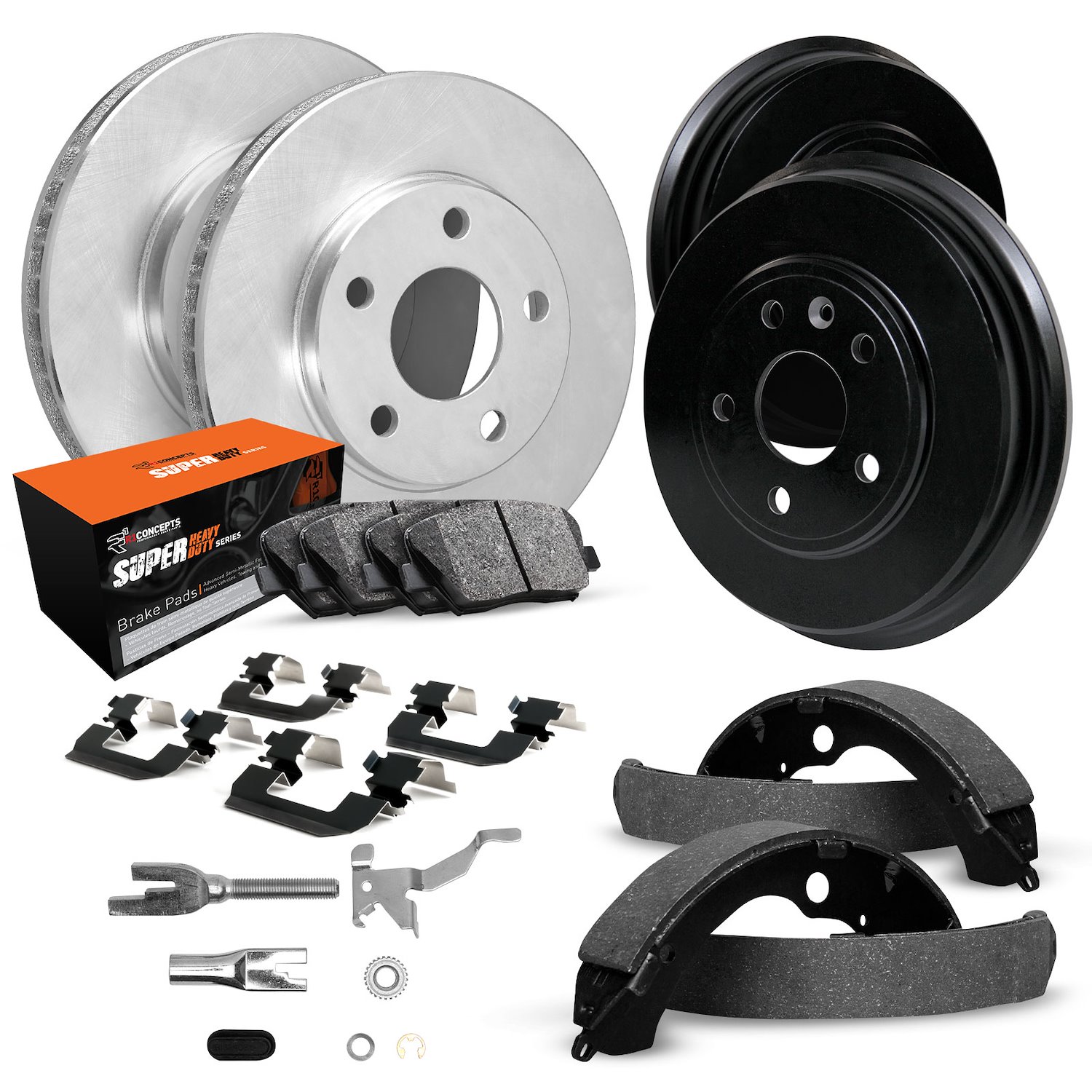 E-Line Blank Brake Rotor & Drum Set w/Super-Duty Pads, Shoes, Hardware, & Adjusters, 1979-1981 GM, Position: Front & Rear