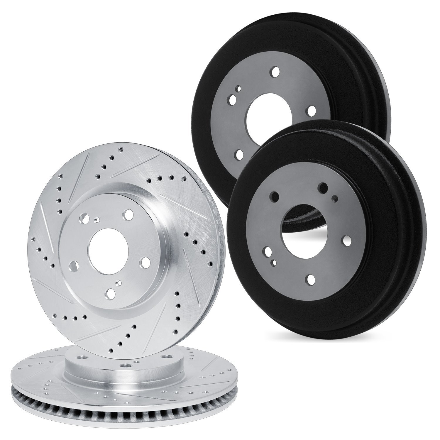 E-Line Drilled & Slotted Silver Brake Rotor & Drum Set, 2003-2004 Ford/Lincoln/Mercury/Mazda, Position: Front & Rear