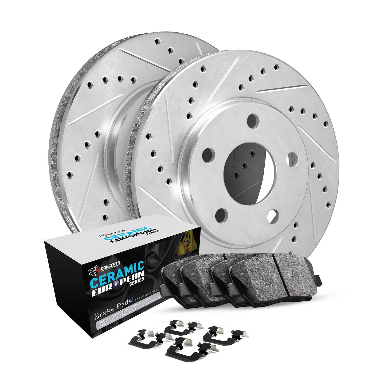 E-Line Drilled & Slotted Silver Brake Rotor Set w/Euro Ceramic Pads & Hardware, 2016-2019 Land Rover, Position: Rear