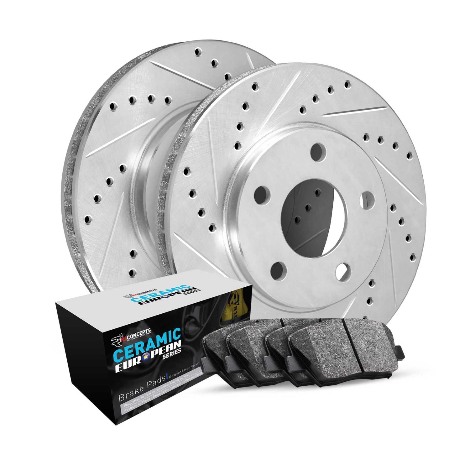 E-Line Drilled & Slotted Silver Brake Rotor Set w/Euro Ceramic Pads, 2015-2019 Mini, Position: Front